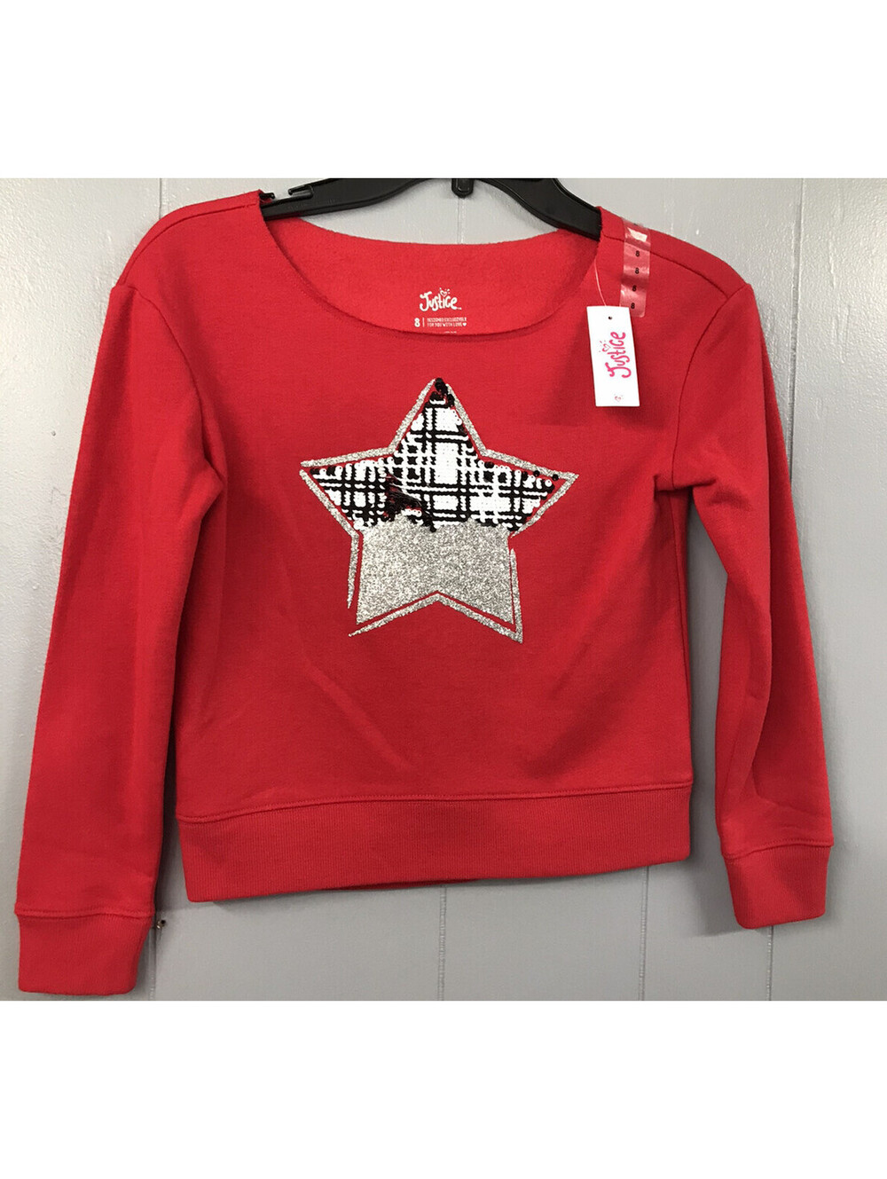 Justice Sweatshirt. Red with Star on Front. Changing Sequins. Size Girls 10. NWT